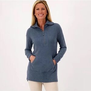 Barefoot Dreams Cozy Chic Lite Quarter Zip Tunic Sweater XS Blue
